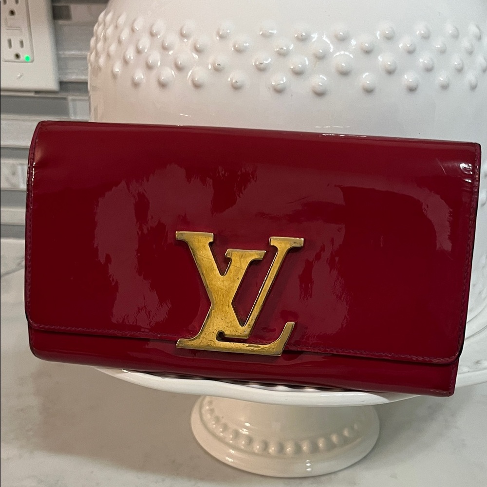 Louis Vuitton Glossy Red Patent Large Wallet with Gold LV Emblem